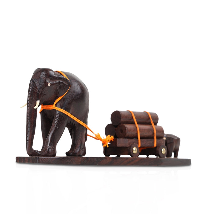 Elephant Cart - 3 x 10 Inches | Wooden Elephant Statue / Elephant Idol for Table Decor