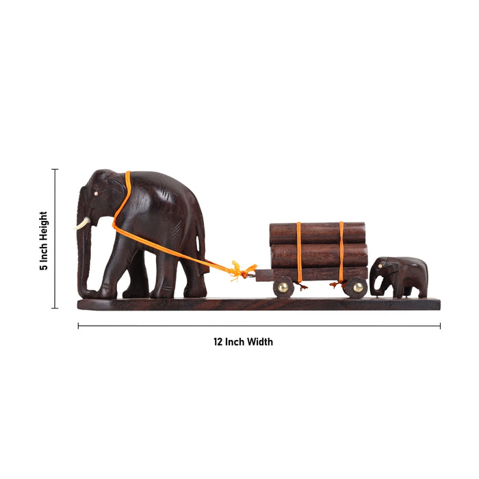 Elephant Cart - 5 x 12 Inches | Wooden Elephant Figurine / Elephant Statue for Home Decor