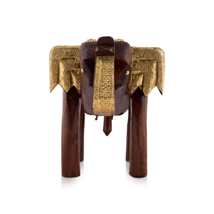 Elephant Stool - 6 x 10 Inches | Wooden Stool/ Brass Sheet Inlaid Decorative Stool for Living Room