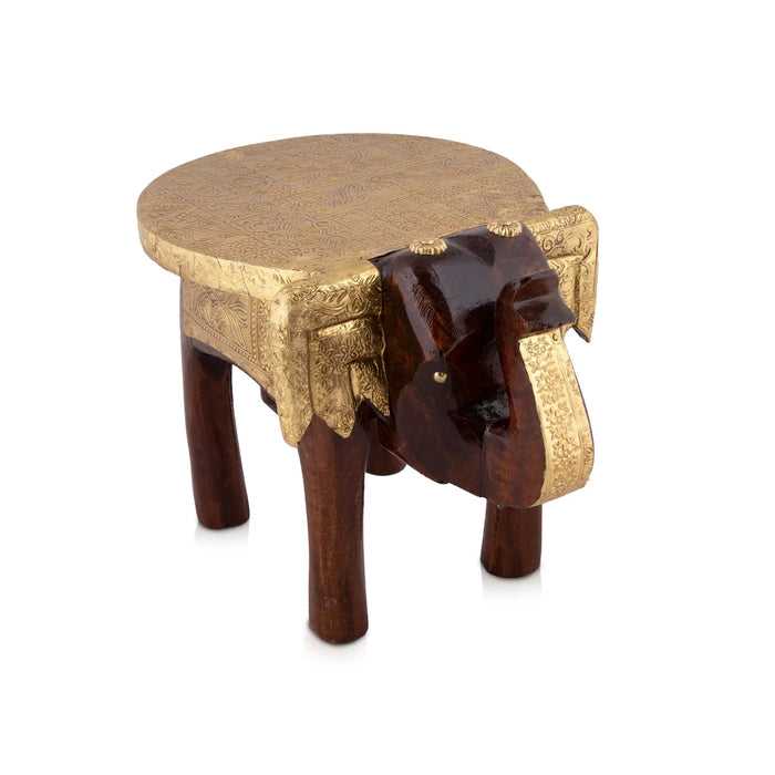 Elephant Stool - 6 x 10 Inches | Wooden Stool/ Brass Sheet Inlaid Decorative Stool for Living Room