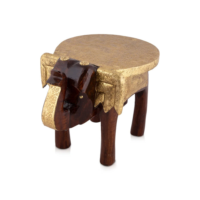 Elephant Stool - 6 x 10 Inches | Wooden Stool/ Brass Sheet Inlaid Decorative Stool for Living Room