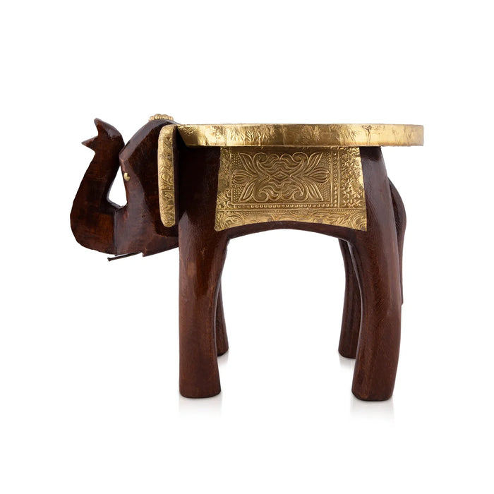 Elephant Stool - 6 x 10 Inches | Wooden Stool/ Brass Sheet Inlaid Decorative Stool for Living Room