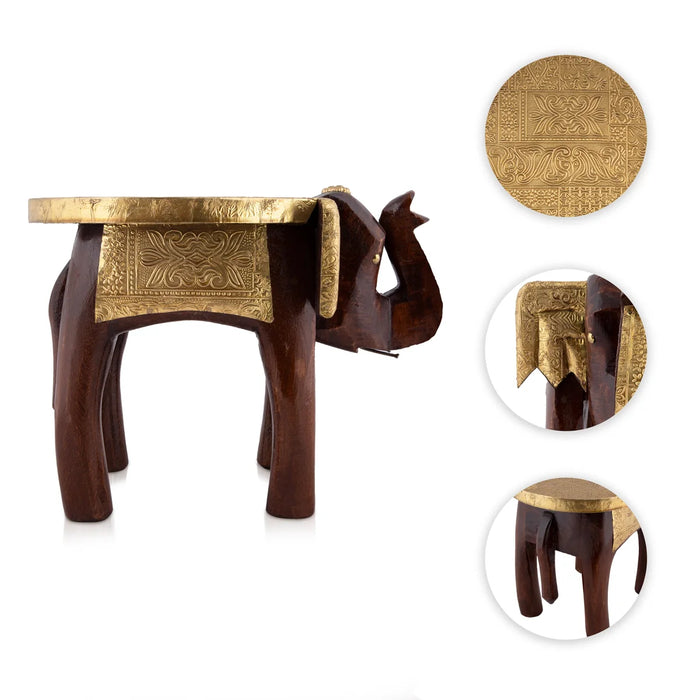 Elephant Stool - 6 x 10 Inches | Wooden Stool/ Brass Sheet Inlaid Decorative Stool for Living Room