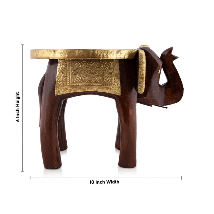 Elephant Stool - 6 x 10 Inches | Wooden Stool/ Brass Sheet Inlaid Decorative Stool for Living Room