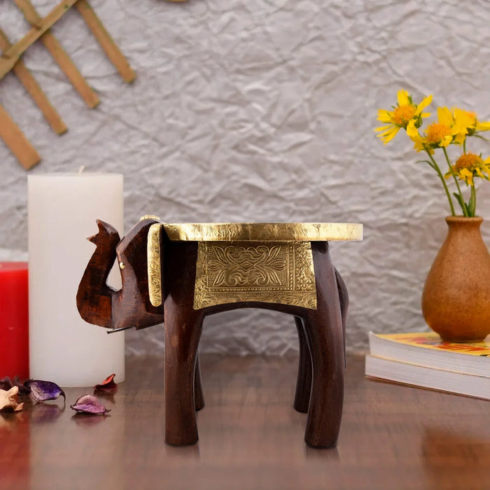 Elephant Stool - 6 x 10 Inches | Wooden Stool/ Brass Sheet Inlaid Decorative Stool for Living Room