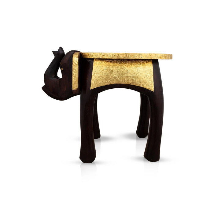 Elephant Stool - 12 x 15 Inches | Wooden Stool/ Brass Polish Decorative Stool for Home