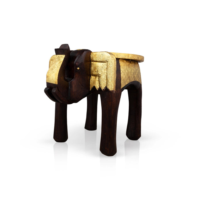 Elephant Stool - 12 x 15 Inches | Wooden Stool/ Brass Polish Decorative Stool for Home