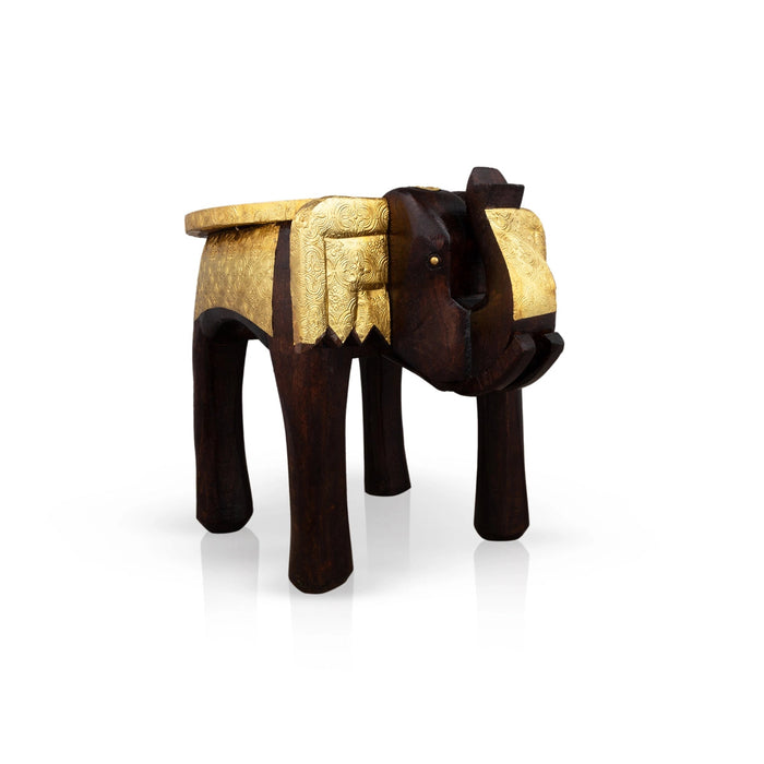 Elephant Stool - 12 x 15 Inches | Wooden Stool/ Brass Polish Decorative Stool for Home