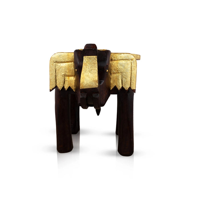 Elephant Stool - 12 x 15 Inches | Wooden Stool/ Brass Polish Decorative Stool for Home