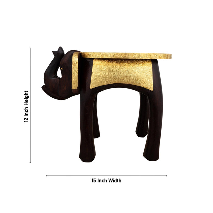 Elephant Stool - 12 x 15 Inches | Wooden Stool/ Brass Polish Decorative Stool for Home