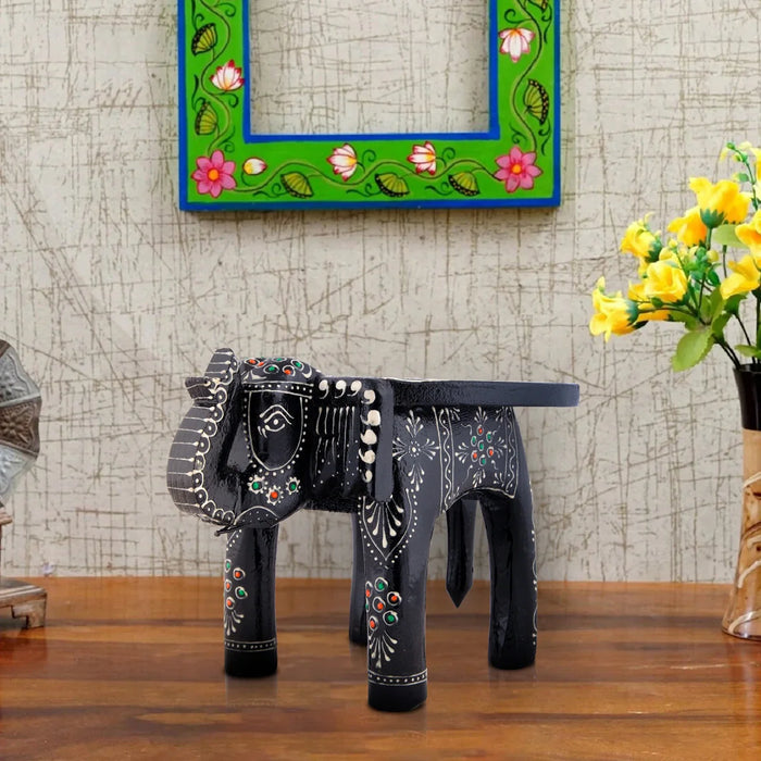 Painted Elephant Stool - 6 x 9 Inches | Wooden Stool/ Decorative Stool for Living Room