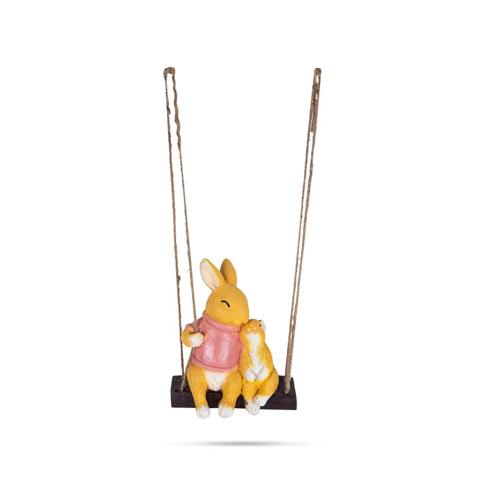 Swing Rabbit Figurine With Child Hanging- 7 X 5.5 Inch | Rabbit Sculpture/ Resin Rabbit Statue For Garden Decor