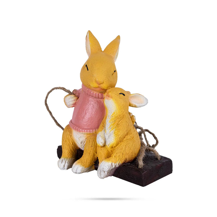 Swing Rabbit Figurine With Child Hanging- 7 X 5.5 Inch | Rabbit Sculpture/ Resin Rabbit Statue For Garden Decor