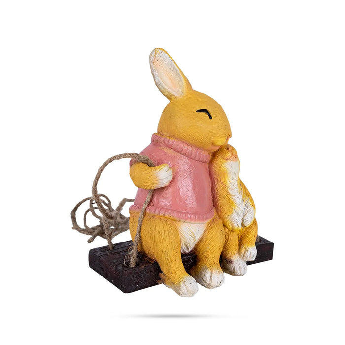 Swing Rabbit Figurine With Child Hanging- 7 X 5.5 Inch | Rabbit Sculpture/ Resin Rabbit Statue For Garden Decor