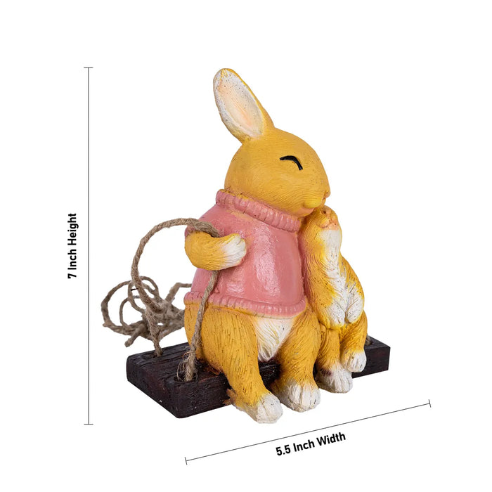 Swing Rabbit Figurine With Child Hanging- 7 X 5.5 Inch | Rabbit Sculpture/ Resin Rabbit Statue For Garden Decor