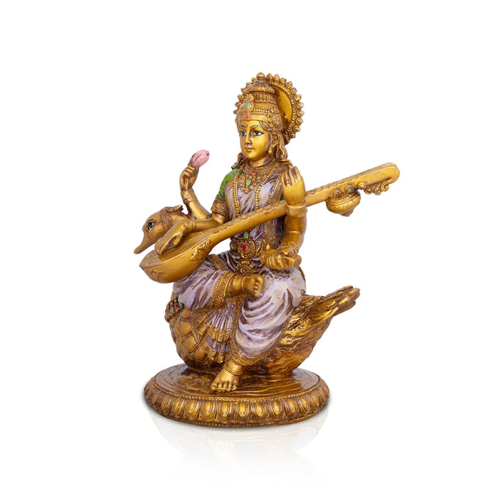 Saraswati Murti - 8.5 x 6 Inches | Saraswati Moorti Sitting On Swan/ Resin Statue for Pooja