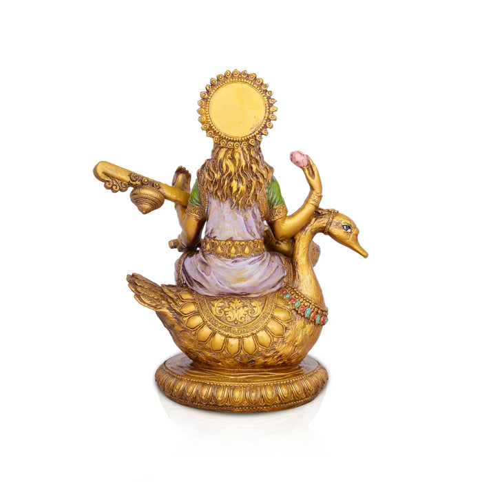 Saraswati Murti - 8.5 x 6 Inches | Saraswati Moorti Sitting On Swan/ Resin Statue for Pooja