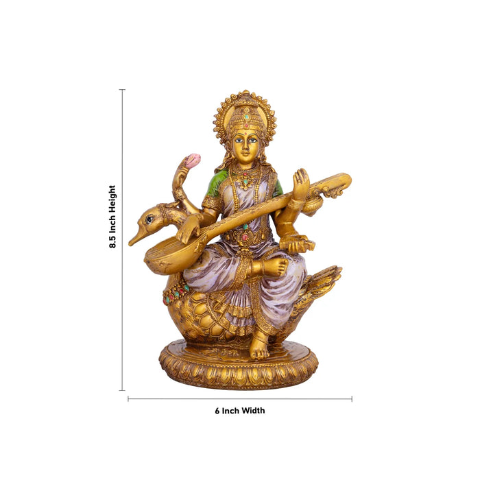 Saraswati Murti - 8.5 x 6 Inches | Saraswati Moorti Sitting On Swan/ Resin Statue for Pooja