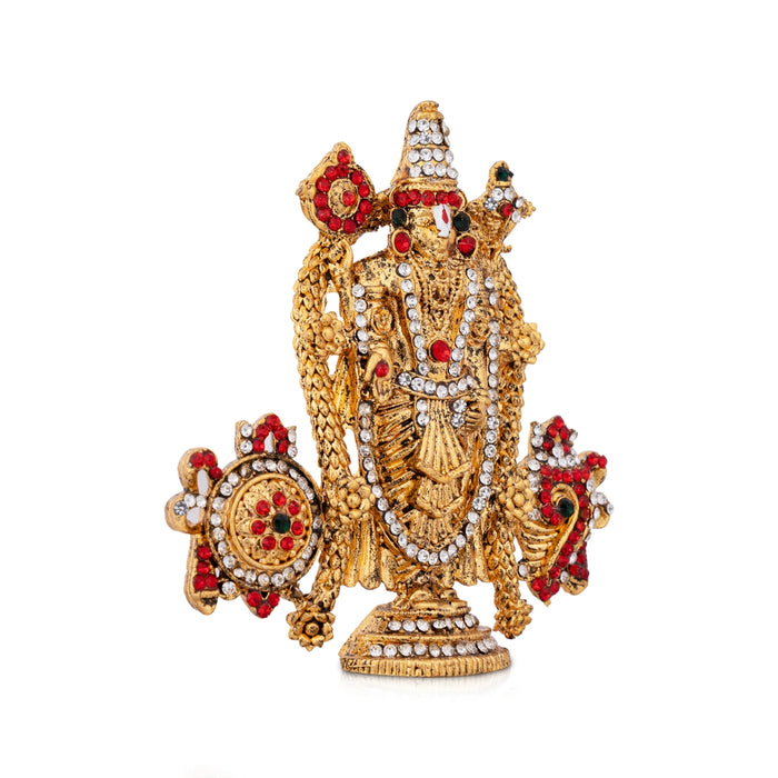 Shankh Chakra Perumal Standing Statue - 3 x 2.75 Inches | Gold Antique Stone Idol/ Decorative Balaji Murti