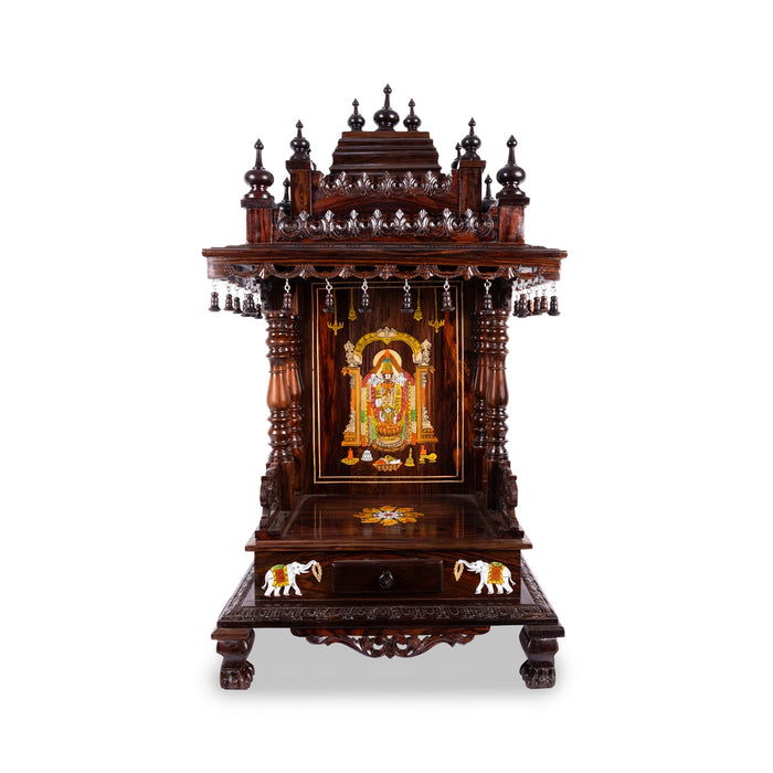 Open Rosewood Pooja Mandir With Base - 12 X 18 Inches | Inlaid And Carved Wooden Temple/ Puja Stand With Bell