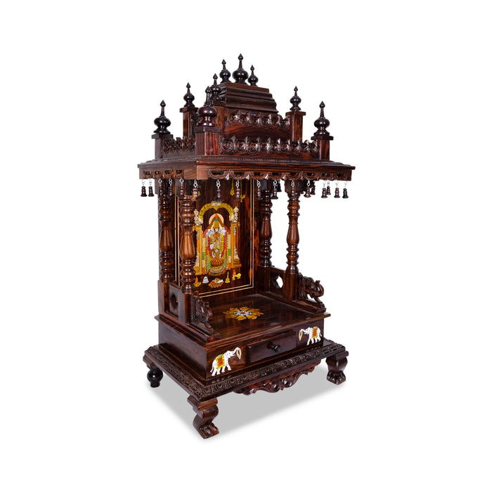 Open Rosewood Pooja Mandir With Base - 12 X 18 Inches | Inlaid And Carved Wooden Temple/ Puja Stand With Bell