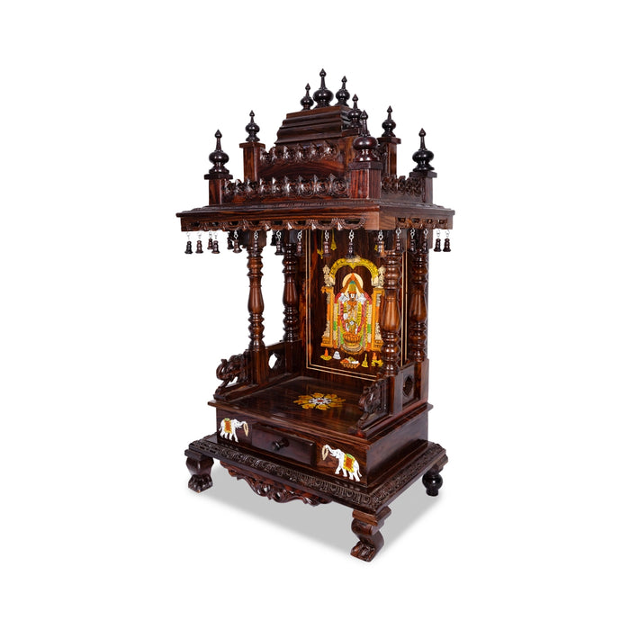 Open Rosewood Pooja Mandir With Base - 12 X 18 Inches | Inlaid And Carved Wooden Temple/ Puja Stand With Bell