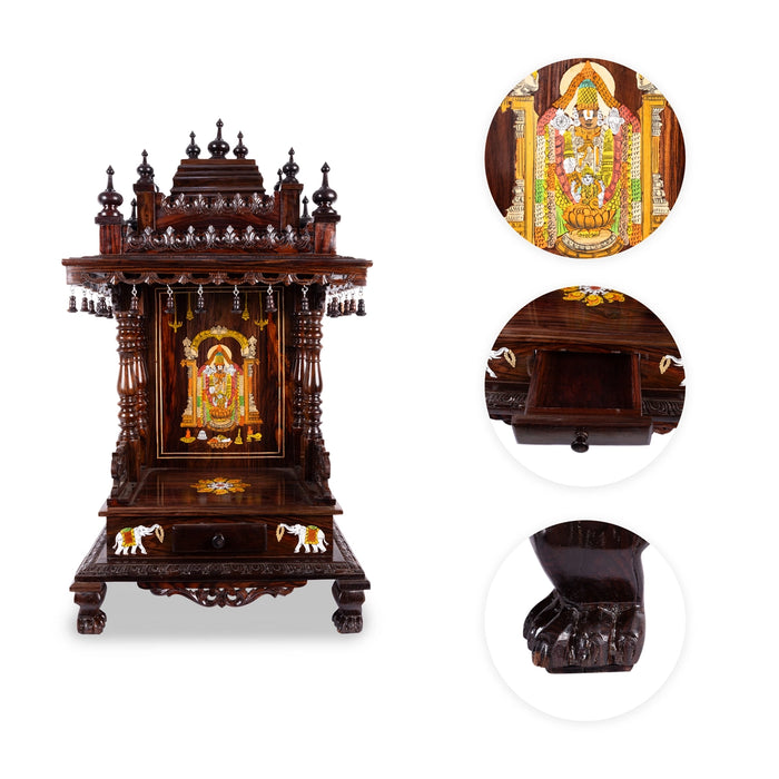 Open Rosewood Pooja Mandir With Base - 12 X 18 Inches | Inlaid And Carved Wooden Temple/ Puja Stand With Bell