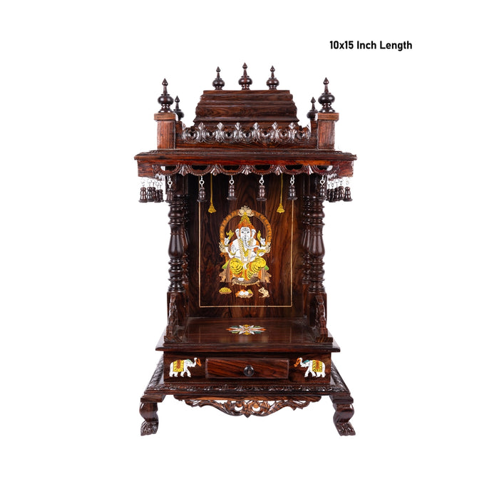 Open Rosewood Pooja Mandir With Base - 10 X 15 Inches | Inlaid And Carved Wooden Temple/ Puja Stand With Bell