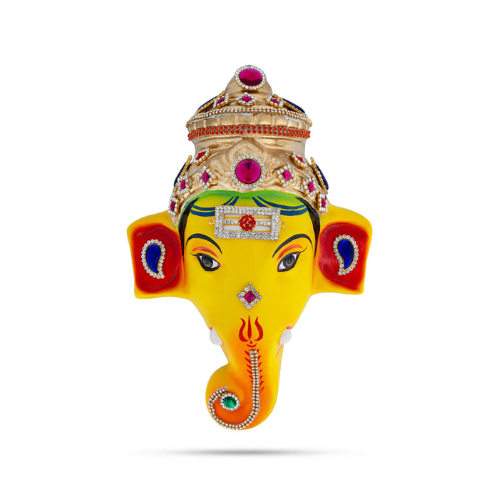 Stone Decorative Ganesha Face - 11 X 7.5 Inches | Yellow Ganpati Face/ Paper Mache Face For Deity