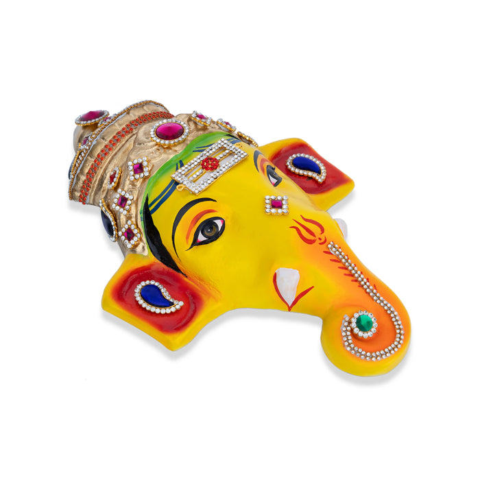 Stone Decorative Ganesha Face - 11 X 7.5 Inches | Yellow Ganpati Face/ Paper Mache Face For Deity