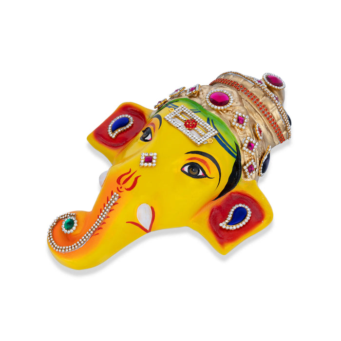 Stone Decorative Ganesha Face - 11 X 7.5 Inches | Yellow Ganpati Face/ Paper Mache Face For Deity