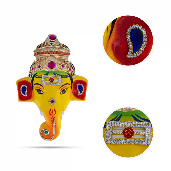 Stone Decorative Ganesha Face - 11 X 7.5 Inches | Yellow Ganpati Face/ Paper Mache Face For Deity