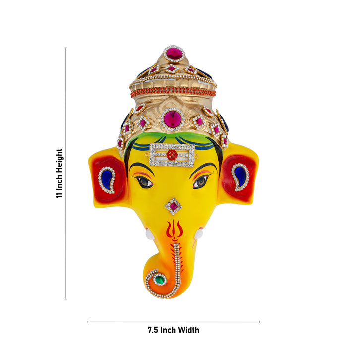 Stone Decorative Ganesha Face - 11 X 7.5 Inches | Yellow Ganpati Face/ Paper Mache Face For Deity