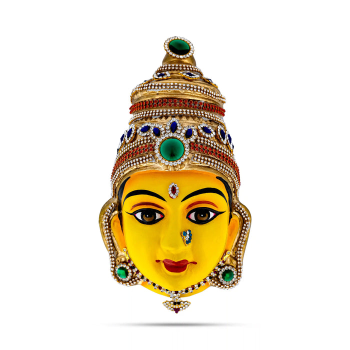 Stone Decorative Amman Face - 8.5 X 5 Inches | Yellow Ammavari Face/ Paper Mache Devi Face For Deity Décor