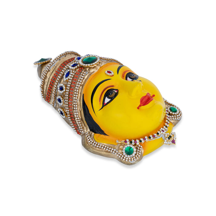 Stone Decorative Amman Face - 8.5 X 5 Inches | Yellow Ammavari Face/ Paper Mache Devi Face For Deity Décor