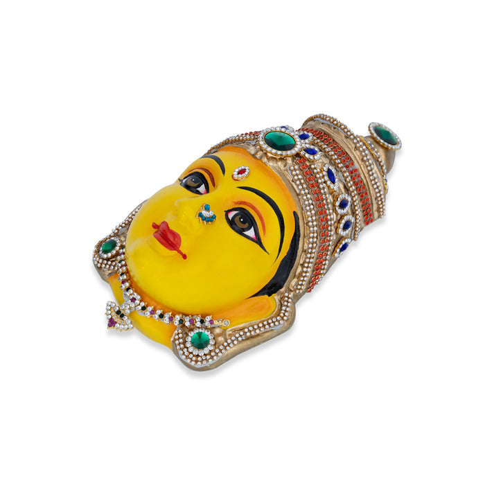 Stone Decorative Amman Face - 8.5 X 5 Inches | Yellow Ammavari Face/ Paper Mache Devi Face For Deity Décor