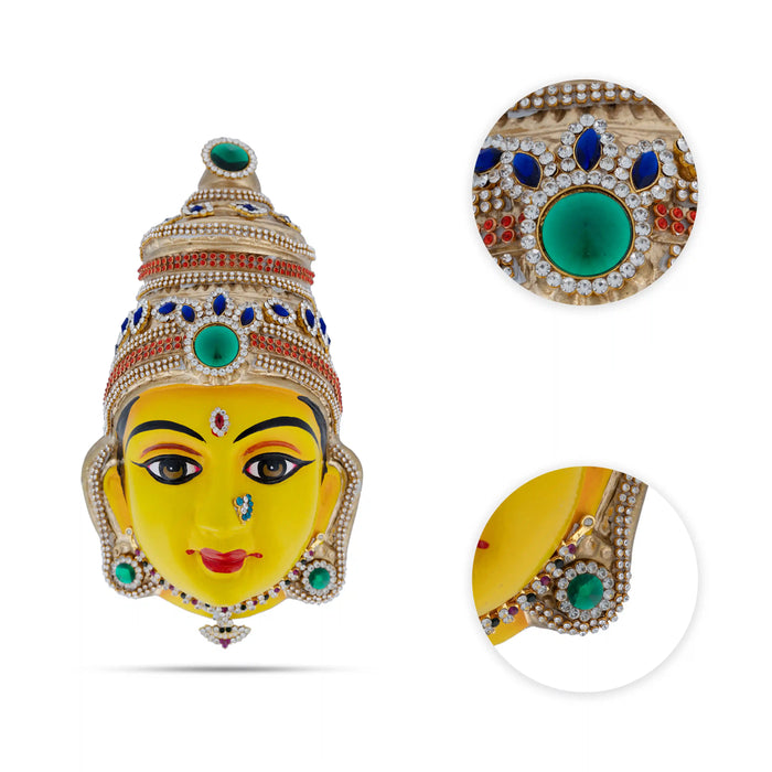 Stone Decorative Amman Face - 8.5 X 5 Inches | Yellow Ammavari Face/ Paper Mache Devi Face For Deity Décor