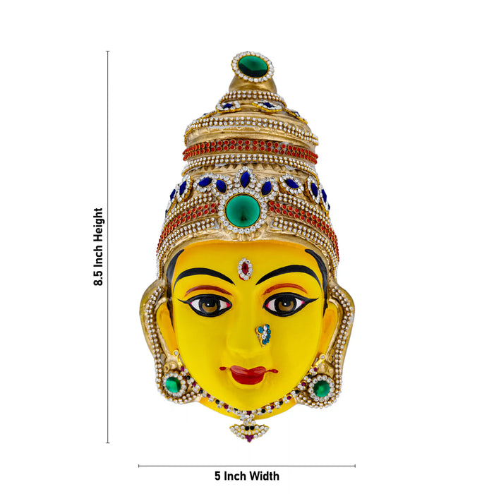 Stone Decorative Amman Face - 8.5 X 5 Inches | Yellow Ammavari Face/ Paper Mache Devi Face For Deity Décor
