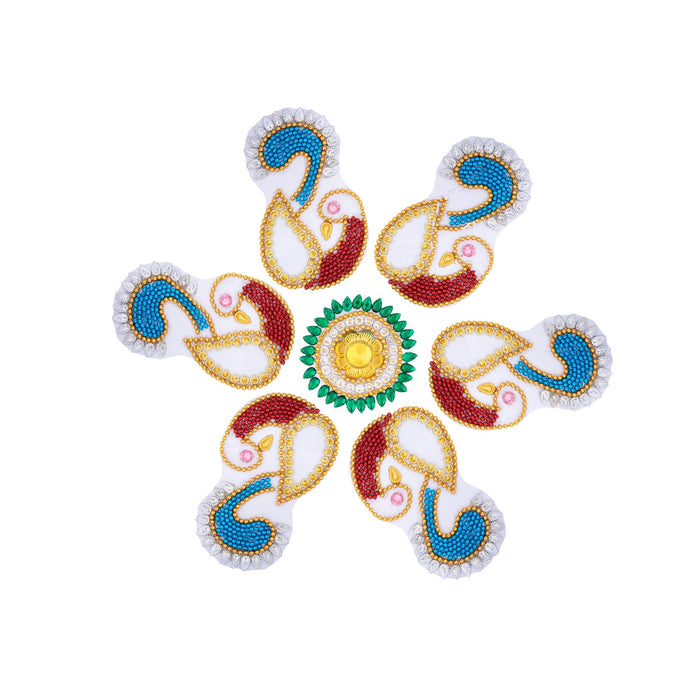 Acrylic Rangoli Design - 9 x 8 Inches | Peacock Design Muggulu Rangoli/ Kundan Rangoli for Home Decor