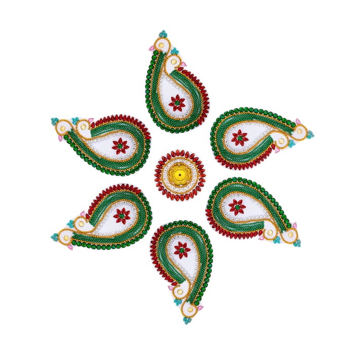 Rangoli Design | Peacock Design Muggulu/ Readymade Kundan Stone Kolam Design for Home Decor