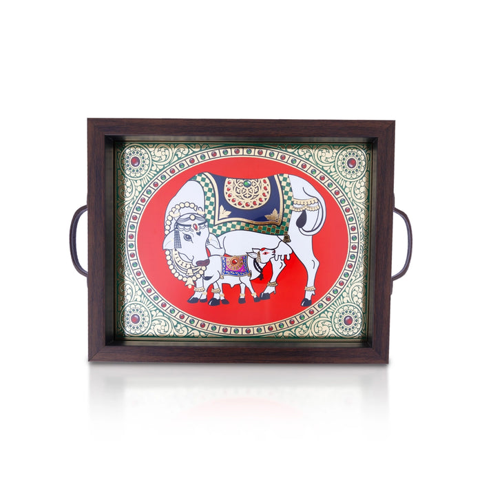 Cow Calf Tanjore Glass Painting Tray - 1.25 X 11 X 9 Inches | Thanjavur Decorative Plate/ Wooden Tray For Home
