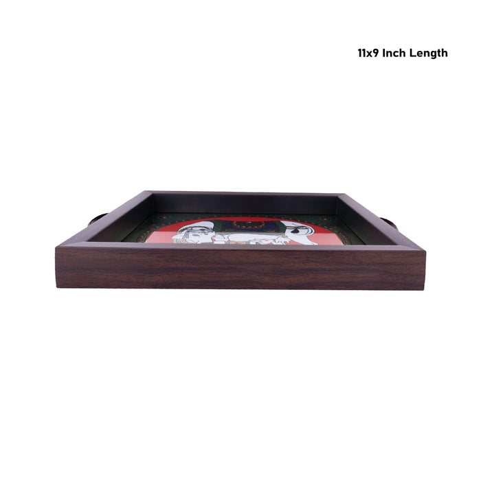 Cow Calf Tanjore Glass Painting Tray - 1.25 X 11 X 9 Inches | Thanjavur Decorative Plate/ Wooden Tray For Home