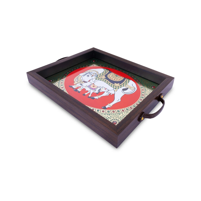 Cow Calf Tanjore Glass Painting Tray - 1.25 X 11 X 9 Inches | Thanjavur Decorative Plate/ Wooden Tray For Home