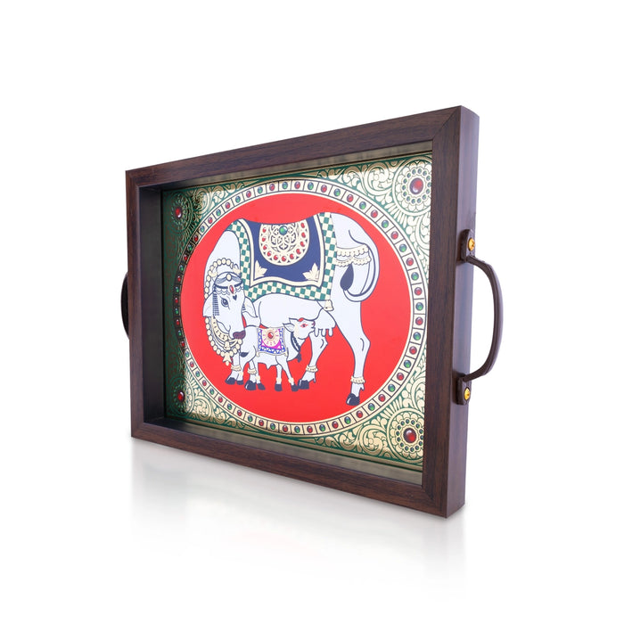 Cow Calf Tanjore Glass Painting Tray - 1.25 X 11 X 9 Inches | Thanjavur Decorative Plate/ Wooden Tray For Home