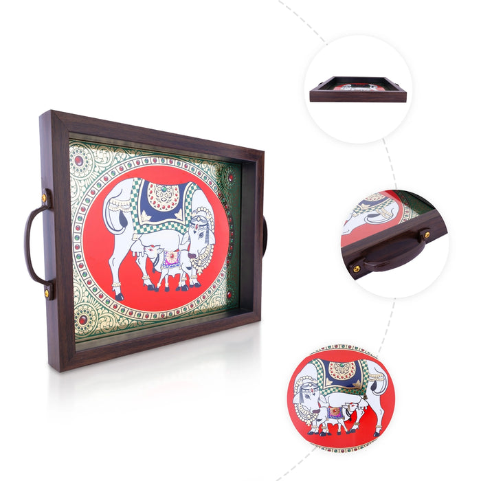 Cow Calf Tanjore Glass Painting Tray - 1.25 X 11 X 9 Inches | Thanjavur Decorative Plate/ Wooden Tray For Home