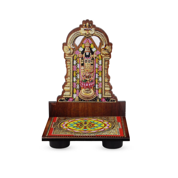 Sri Chakra Design Manai Palagai With Balaji Photo Frame - 4 x 3 Inches | Bajot With Picture Frame for Pooja/ 50 Gms