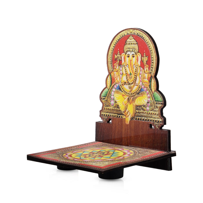 Sri Chakra Design Manai Palagai With Ganesha Photo Frame - 4 x 3 Inches | Bajot With Picture Frame for Pooja