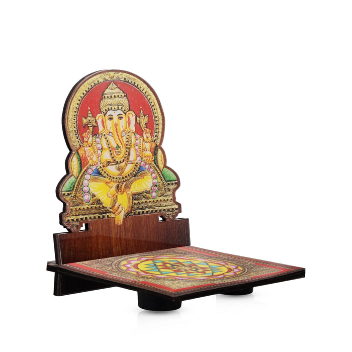 Sri Chakra Design Manai Palagai With Ganesha Photo Frame - 4 x 3 Inches | Bajot With Picture Frame for Pooja