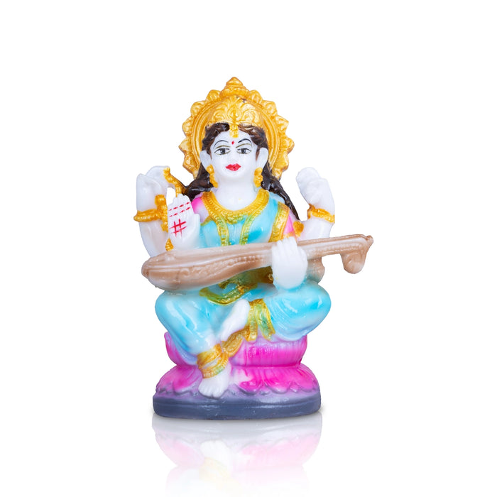 Saraswathi Sitting on Lotus Base Murti - 4.5 x 2.5 Inches | Marble dust Idol / Saraswati Statue for pooja room