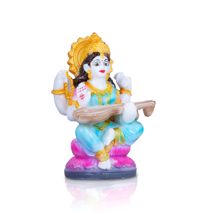 Saraswathi Sitting on Lotus Base Murti - 4.5 x 2.5 Inches | Marble dust Idol / Saraswati Statue for pooja room